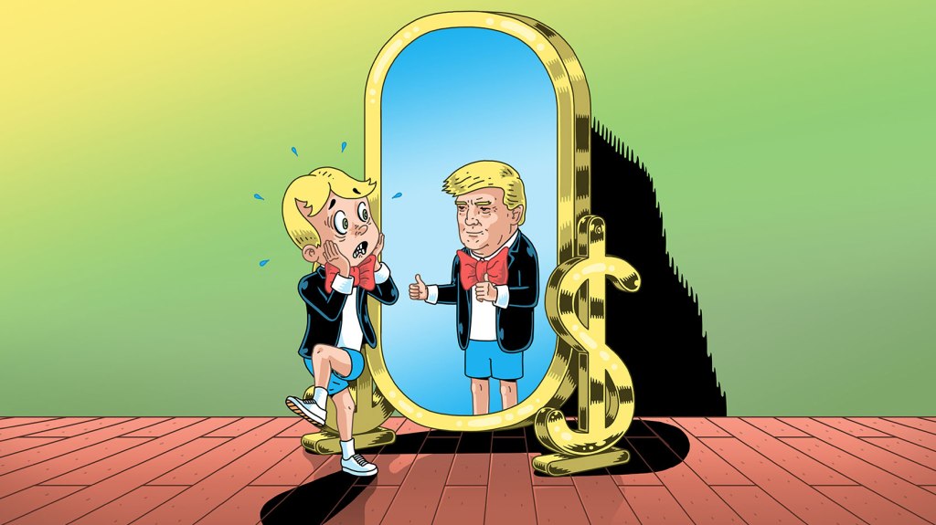 An artists rendering of richie rich clad in white sneakers, blue shorts, black jacket, white shirt, and big red bowtie, looking shocked as he sees his reflection in a golden mirror with dollar-sign supports, and sees donald trump in the same outfit, holding two thumbs up.